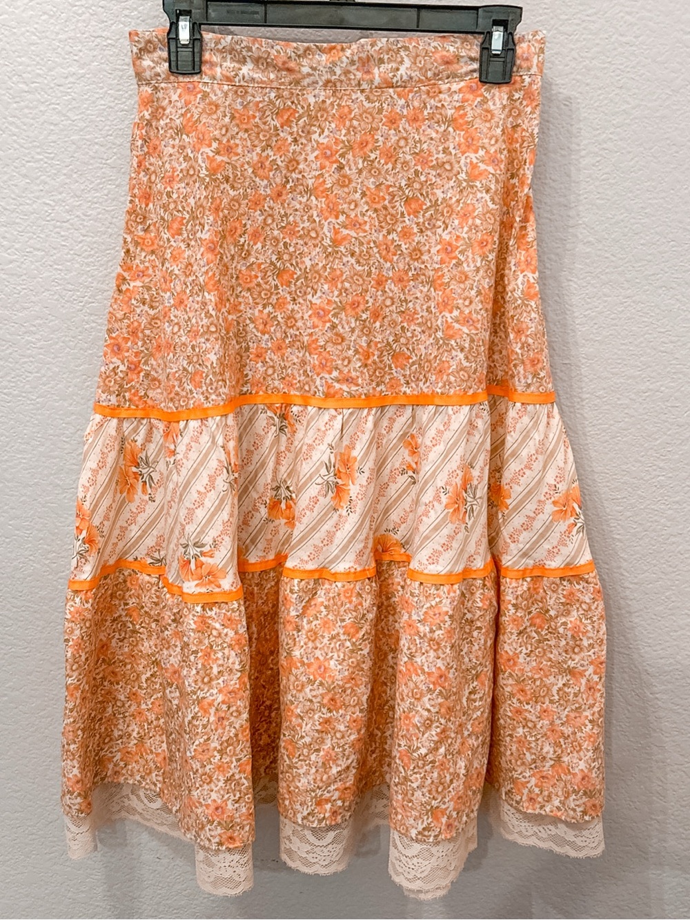 Vintage 70s Floral Maxi Midi Skirt Layered Boho Cottage Peasant Prairie Waist 27